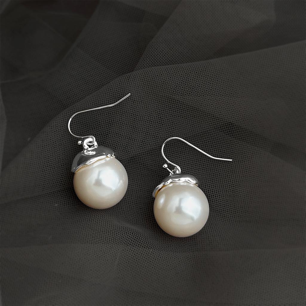 Elegant Imitation Pearl Drop Earrings, Luxury Silver Hook Dangle Earrings, Classic Romantic Round Pearl Jewelry for Women Daily Party Wear