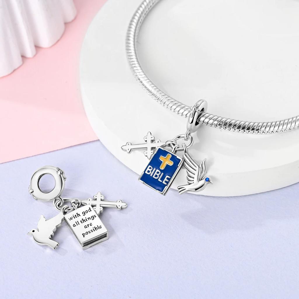 100% Real Copper Blue Series Eyes Peace Cross Charms Bead Fit Original Bracelet Plata Charms For Women