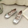 Round head bow silver small leather shoes women's 2025 summer new French with skirt Mary Jane shoes thick heel single shoes