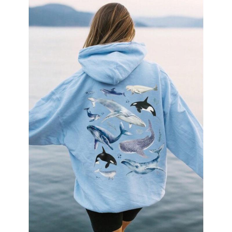 Women's American Style Ocean Print Hoodie - Autumn Winter Loose Fit