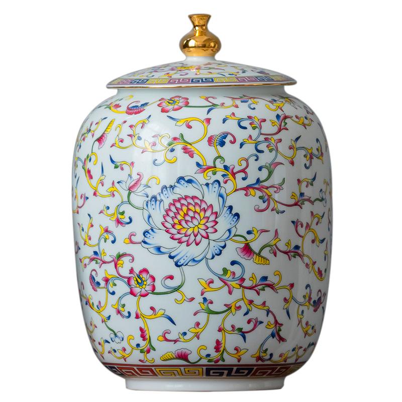Enamel Painted Flower Pattern Storage Jar Sealed Tea Jar Sundries Food Storage Decorative Tank Crafts Ceramic Tank Home Decor