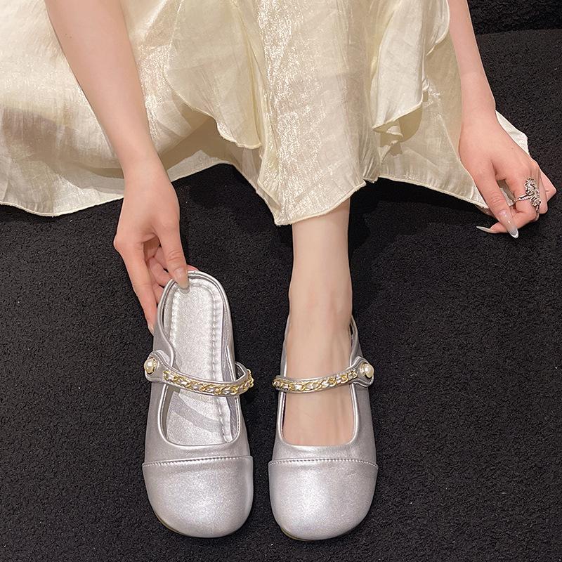 Baotou Semi-slippers Female Silver Mary Jane Sandals Summer Outside Wear A Footstool Lazy Shoes Single Shoes