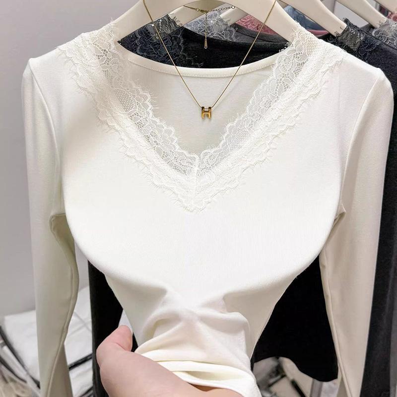 Tops for Women Pullover Long Sleeve V-neck  Autumn Winter Warm Slim Thickened Lace Top