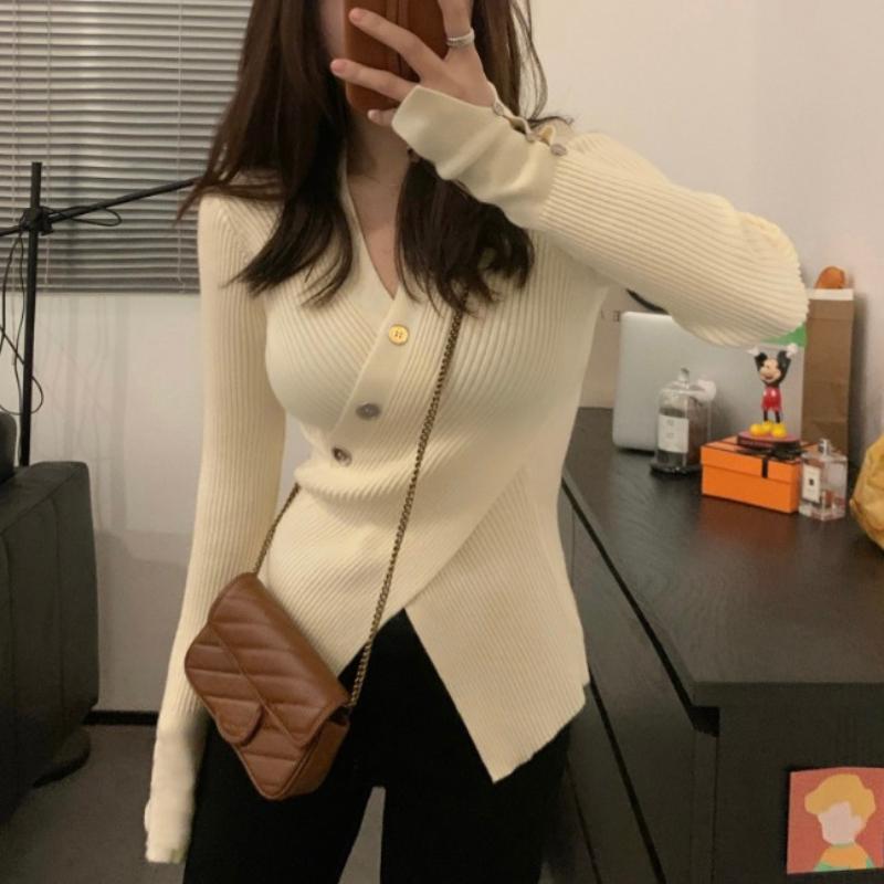 Autumn Long Sleeve Casual V-neck Pullovers Sweaters Women Chic Cross Slim Fit Women's Knitted Sweater Tops Elegant Solid Fashion Winter Jumpers 25667