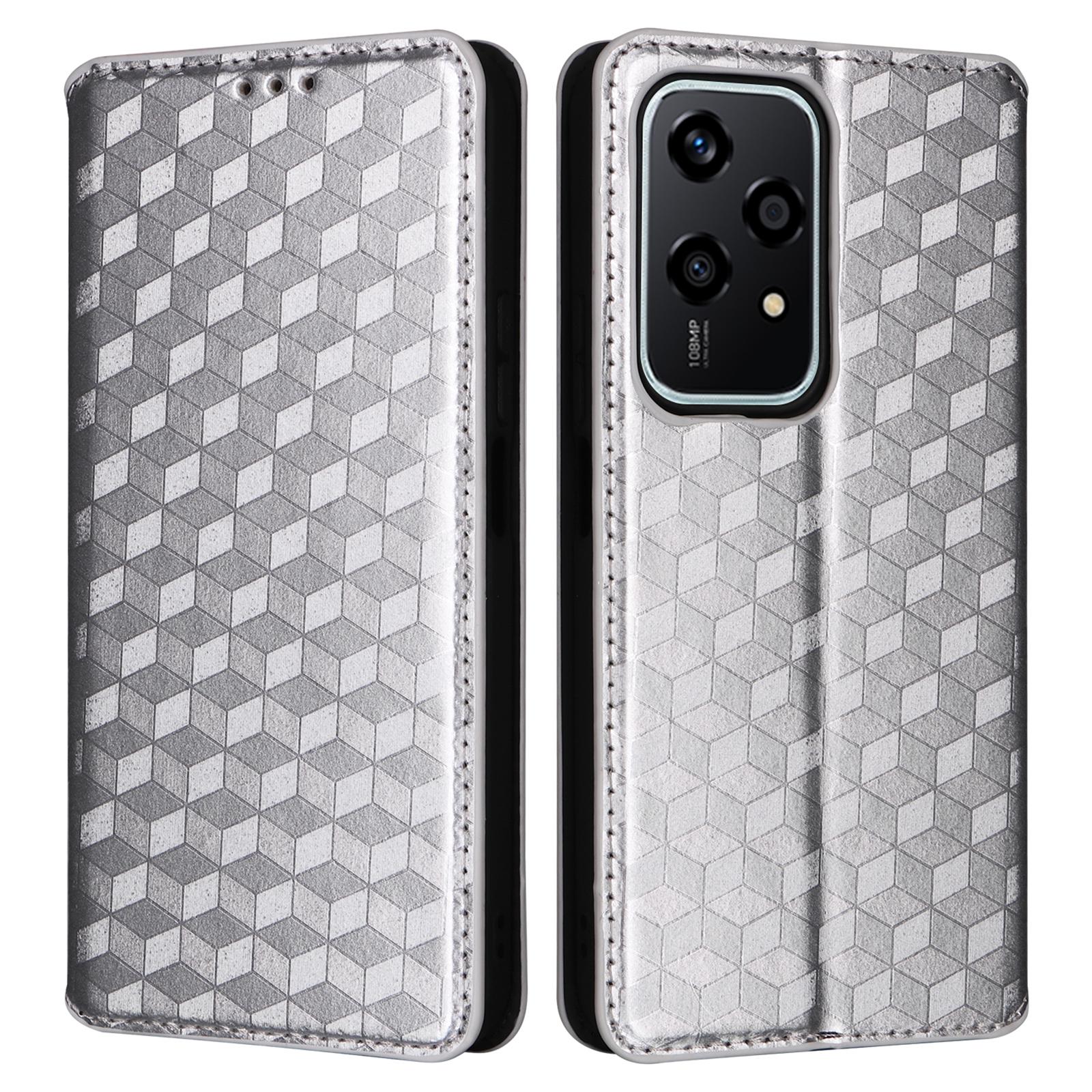 

For Honor 200 Lite Case Leather Rhombus Pattern Magnetic Auto-Absorbed Phone Cover Silver