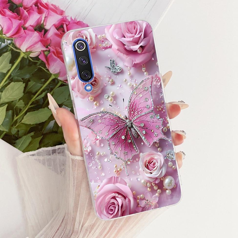 Transparent Cover For Xiaomi Mi 9 SE Case Cute Cat Luxury Fashion Butterfly Funny Painted Casing M1903F2G