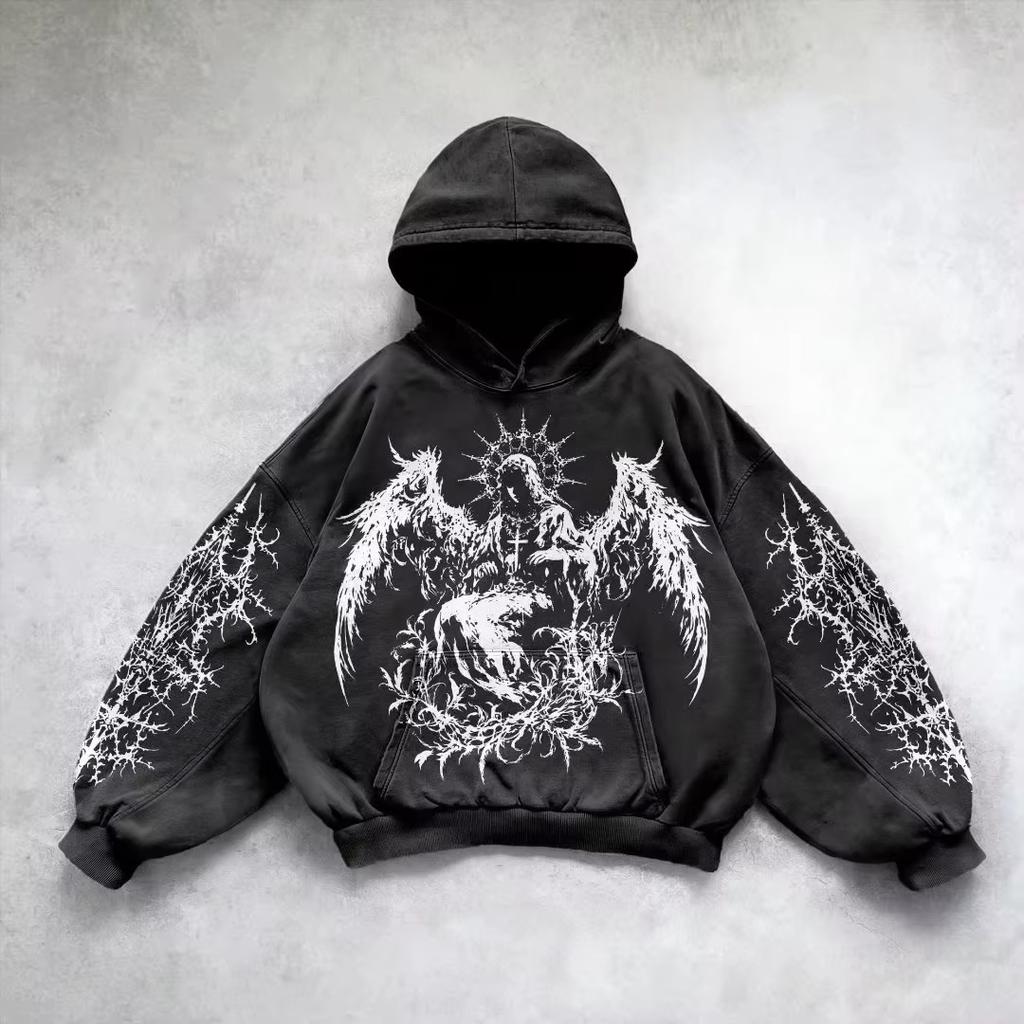 Retro gotická grafická potisk Hip Hop mikina s kapucí pro muže Y2k Grunge Punk ležérní volný pulovr dámská streetwear mikina s kapucí
