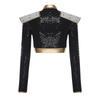 S-4XL Womens Singer Dance Cosplay Costume Long Sleeve Shoulder Epaulet Front Zipper Metallic Patchwork Sequin Crop Top Jacket