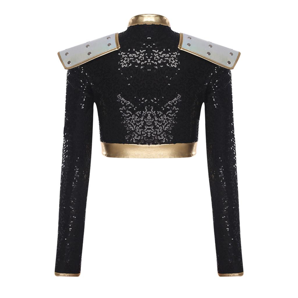 S-4XL Womens Singer Dance Cosplay Costume Long Sleeve Shoulder Epaulet Front Zipper Metallic Patchwork Sequin Crop Top Jacket