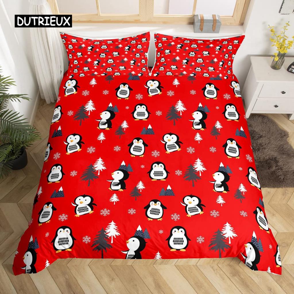 Penguin Comforter Cover Package Queen Dimension Size Sweet Animal Design for Kids Teens Bed Ensemble Sweet Penguin Animal Design Cozy Quilt Cover