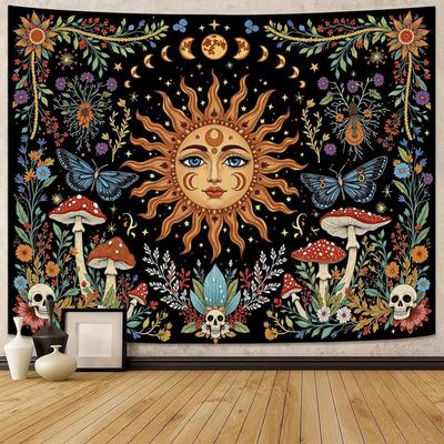 Celestial Sun Mushroom Skull Wall Tapestry Moon Phase Botanical Wall Hanging for Bedroom and Living Room Decor Boho Forest