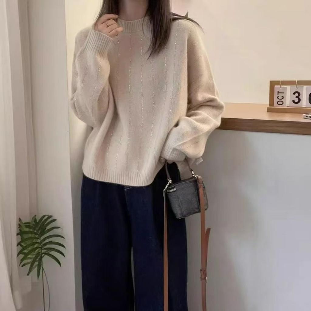 Round-neck Sweater Loose Long-sleeved Pullover for Women Solid-color Knitwear for Autumn and Winter Thickened Base Layer Laid-back Knitted Sweater Top