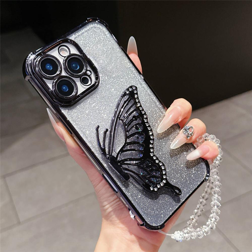 Redmi Note 14 Pro 5G Shockproof Glitter Butterfly Holder Stand Case For Xiaomi Redmi Note 14S 13 14 Pro Plus Crystal Chain Cover