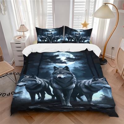 3pcs Wolf Pack Moonlight Bedding Set Down Comforter Cover and Pillowcases, Suitable for All Seasons(No Insert)-0729075