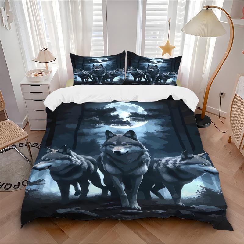 3pcs Wolf Pack Moonlight Bedding Set Down Comforter Cover and Pillowcases, Suitable for All Seasons(No Insert)-0729075