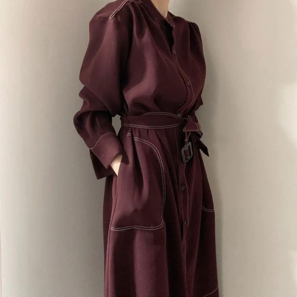 Single Breasted Women's Shirt Dresses Sashes New Stand Collar Casual Straight Dress Female