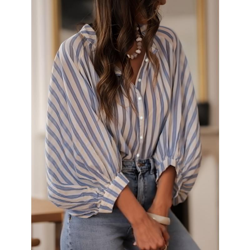 Elegante Blusa de Mujer Rayada Holgada Verano Manga Larga Tops Ajustados Cuello Peter Pan Casual Volantes Oficina Dulce Camisas de Oficina Moda Ropa Básica