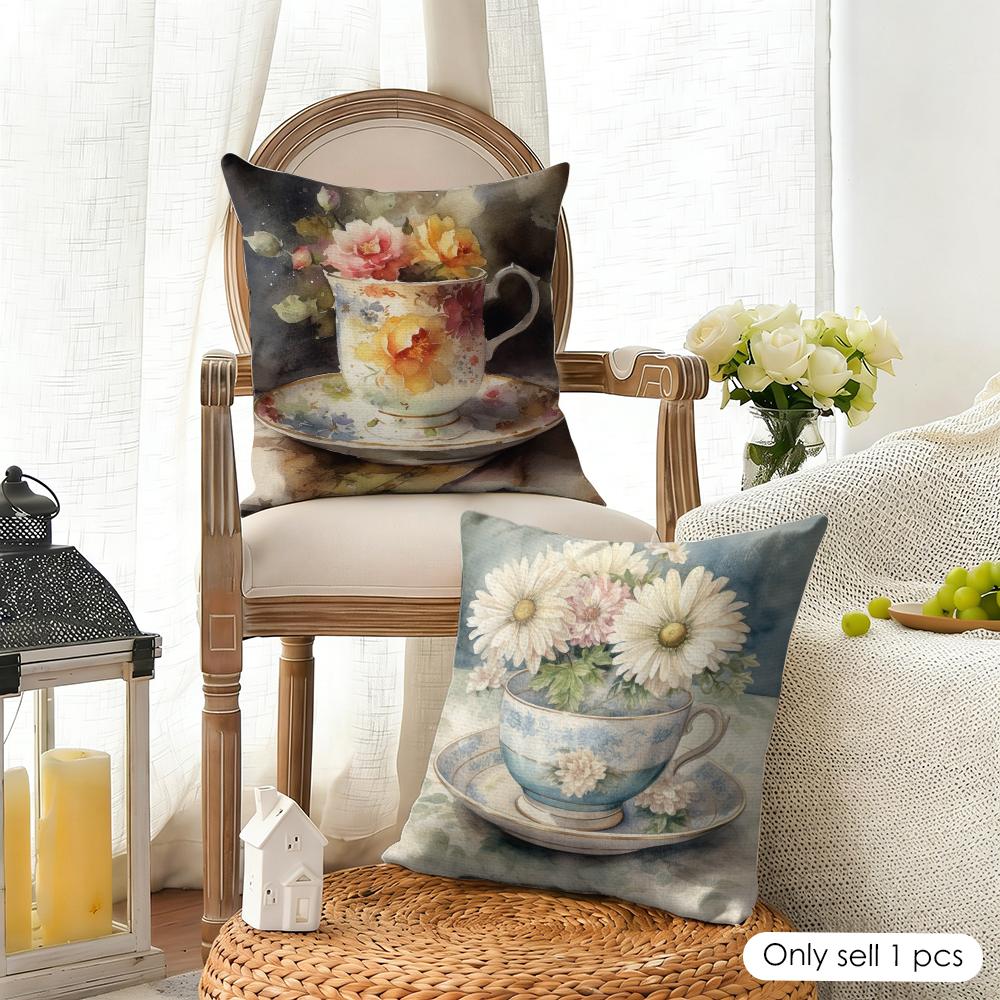 Painting Cup Of Flowers Cushion Cover Summer Linen Pillow Case Organic Fabric Cushion Cover Double-Sided Print Sofa Home Decor