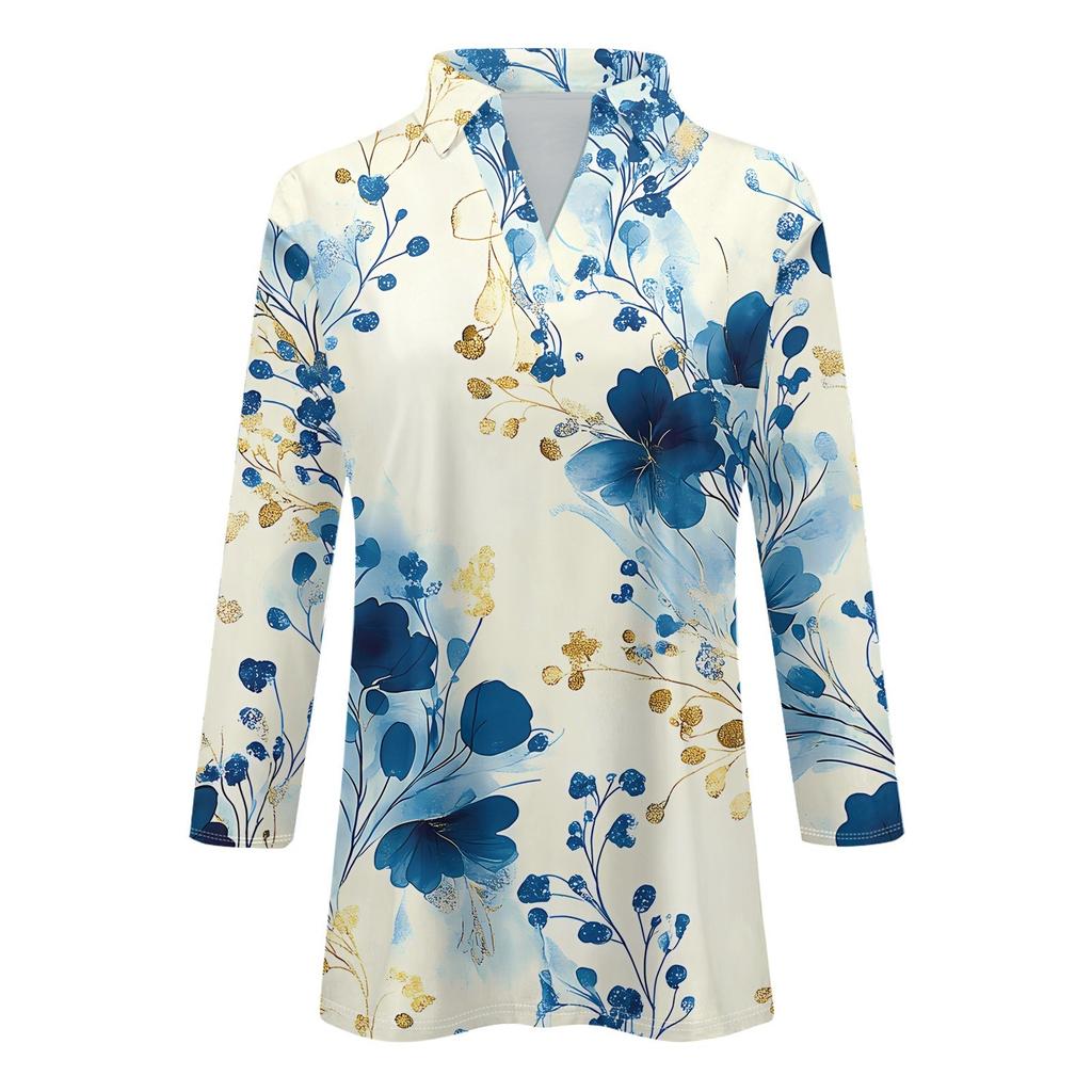 Damenmode Lässiges Revers 3/4 Ärmel Bedrucktes Hemd Damen V-Ausschnitt Oberteile