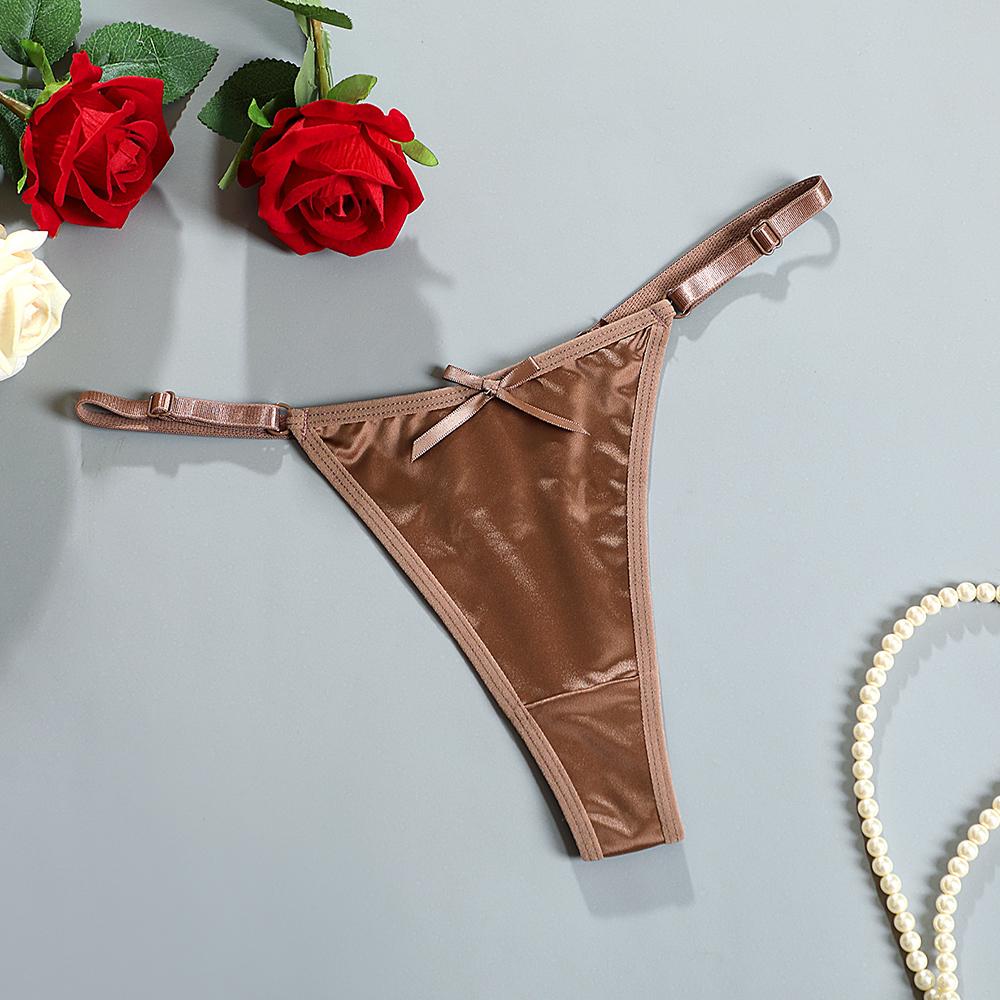 Women's Thong Adjustable Waistband Glossy Satin Solid Color Underwear Low Waist Smooth Silk Bowknot Female Underpants