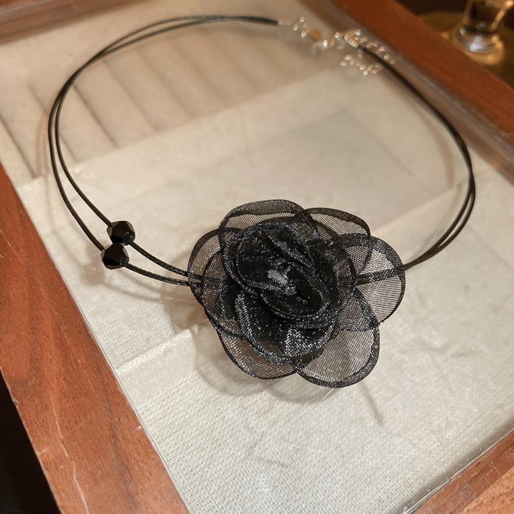 Y2K Double-layer Stereo Dark Style Lace Flower Crystal Choker Necklace for Women Personality Fashion Party Jewelry Accessories