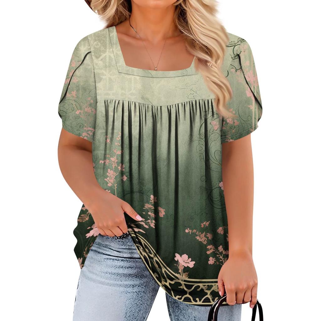 Women's Fashion Casual Printed Square Neck Short Sleeve Large Size T-Shirt Top