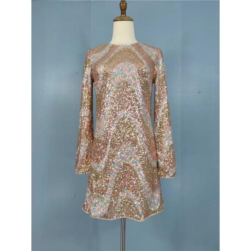 Export H Home Elegant Exquisite Sequin Disco Nightclub Shiny Long Sleeves O-neck Short Easiest for Match Autumn Dress Women