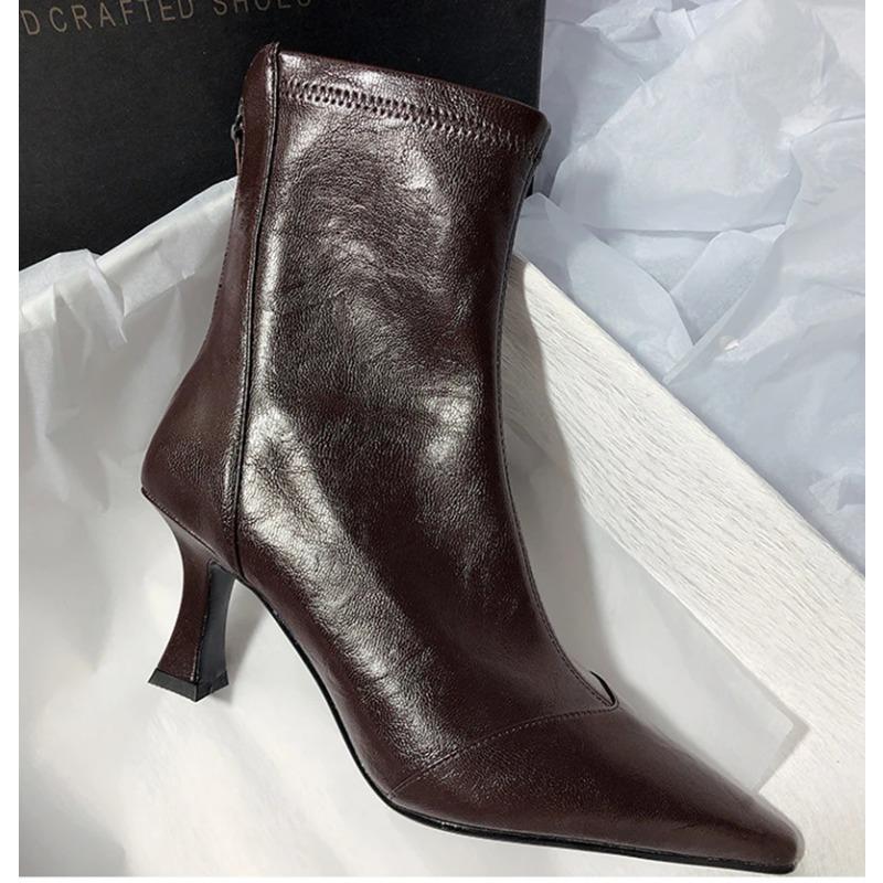 Fashion 2025Autumn Vintage Pointed Toe Women Ankle Boots Fashion Soft Leather  Elegant High Heel Short Botas Zapatos De Mujer