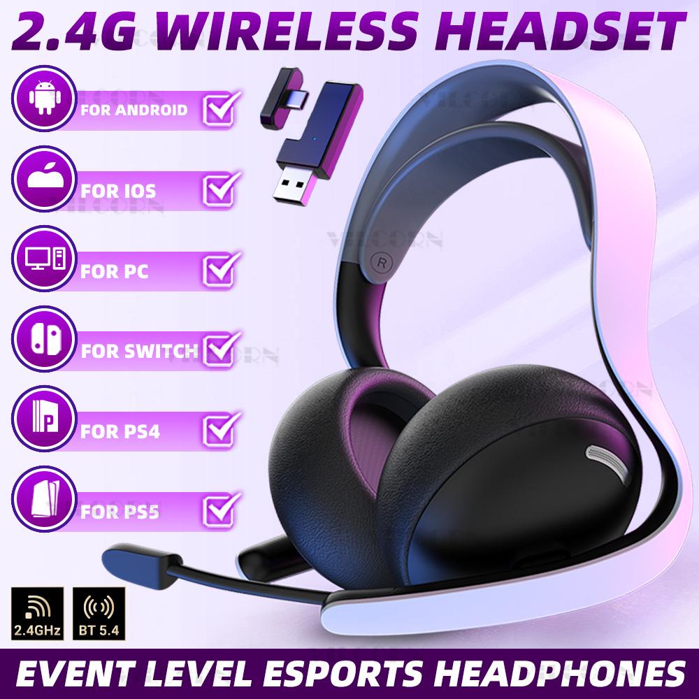 Wireless Gaming Headset For PS5 2.4G Bluetooth 5.4 Game Headphones For PC Switch PS4 Android iOS With Noise Cancelling Mic