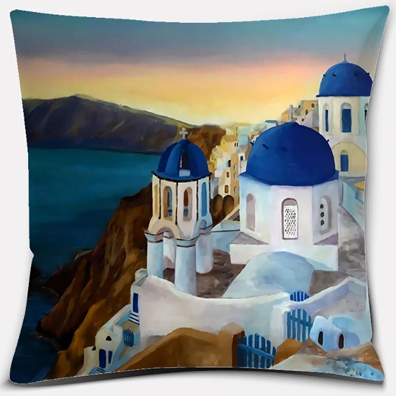 45x45cm Nordic Blue and White Castle Scenery Pillowcase Comfortable Sofa Seat Cushion Cover Hotel Home Decor Embrace Pillowcase
