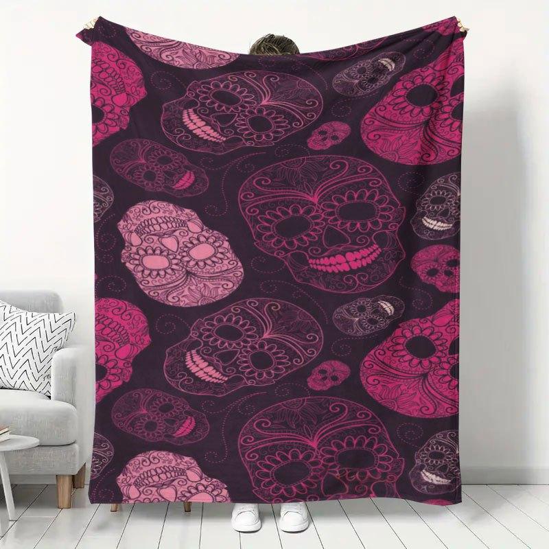 1pc Mexican Day of the Dead Crimson Skull Print Flannel Blanket, Autumn Home Decor, Multi-functional Nap Blanket/Sofa Throw, Folk Art Style Warm Plush