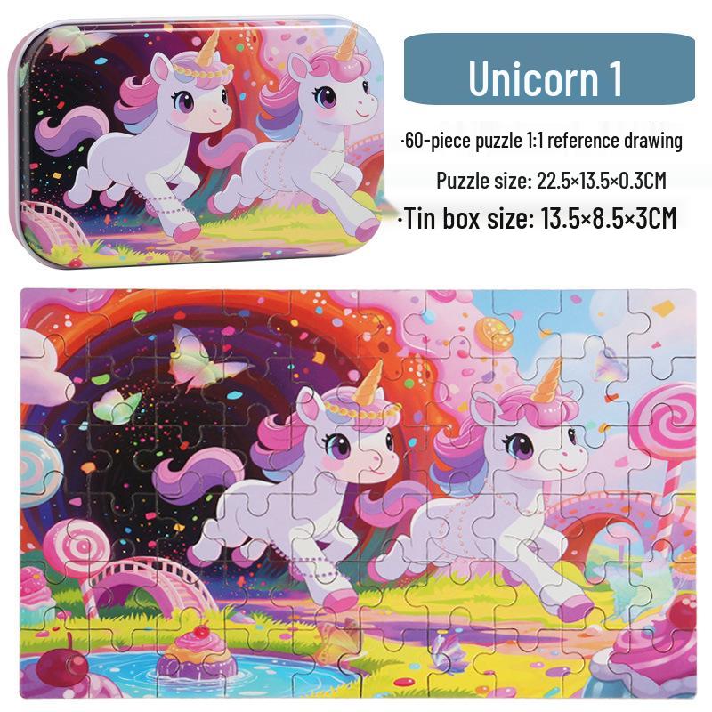 60-Piece Children's Wooden Cartoon Jigsaw Puzzle in Tin Box for Early Education