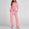 Women's Slim Fit Two-Piece Tracksuit Long Sleeve Crew Neck Top Drawstring Wide Leg Trousers