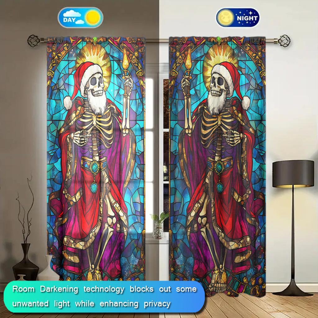 2pcs Christmas Skeleton Colored Glass Window Printed Curtain for Home Decor - Rod Pocket Window Treatment for Bedroom, Office