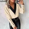 VONDA Women Autumn V-Neck Long Sleeve Decorated Cufflink Blouses