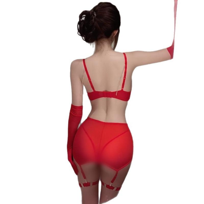 Sex underwear transparent mesh seduction three-point pajamas passion free red robe suit women