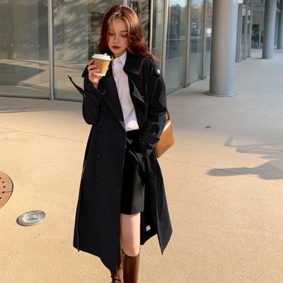 Fall Spring Women Jacket Oversized Turn-down Collar Double-breasted Overcoat with Belt Mid-calf Length Solid Color OL