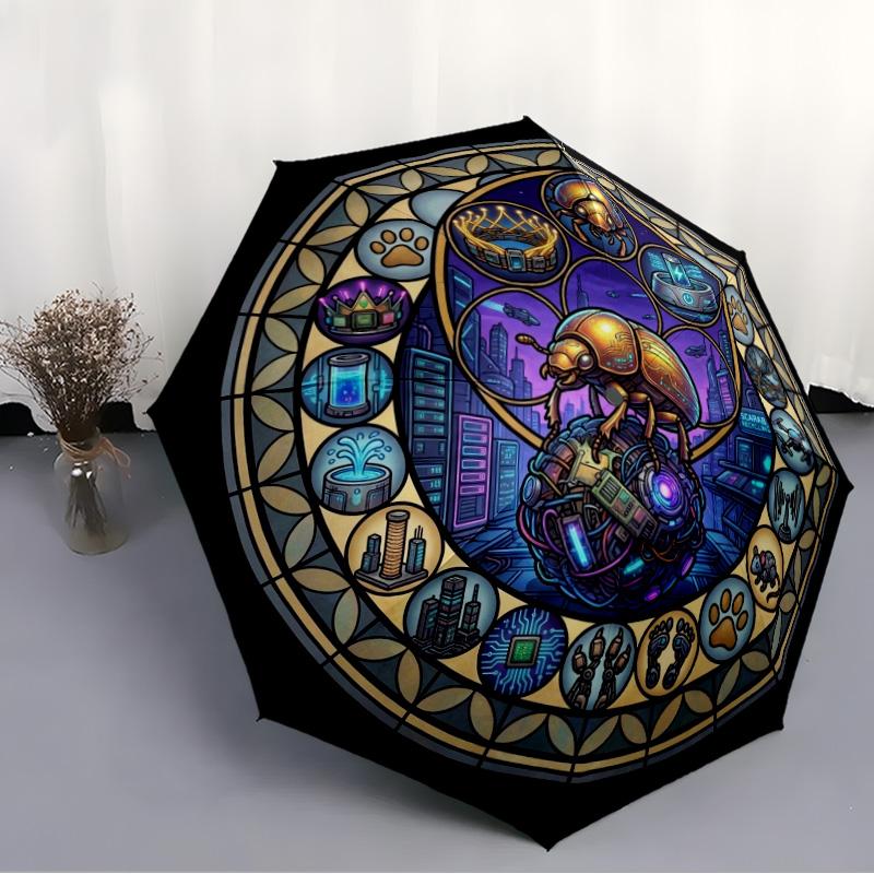 Cybernetic Scarab Cityscape pattern umbrella, portable and foldable design, 8 ribs, a casual accessory for Halloween, Christmas, and birthday gifts.