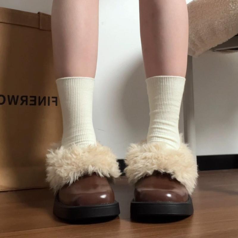 Fur Lining Women Mary Jane Shoes Elegant Square Toe Slip On Footwear 2026 Spring Autumn Keep Warm Ladies Thick Heel Single Shoes