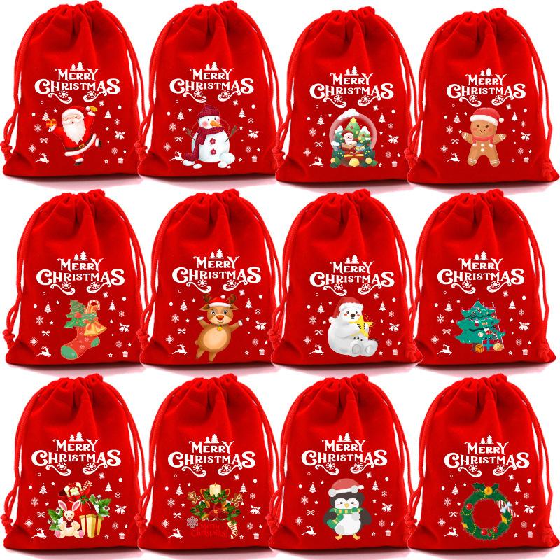 12pcs Christmas Velvet Bags Drawstring Bags Christmas Gift Bags Christmas Eve Apple Bags Red Drawstring Candy Bags