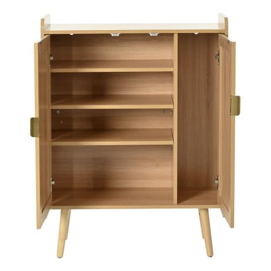 Shoe Cabinet with 2 Doors, Adjustable Shelves And Braided Rattan Design, Shoe Cabinet with Metal Handles and Solid Wood Feet