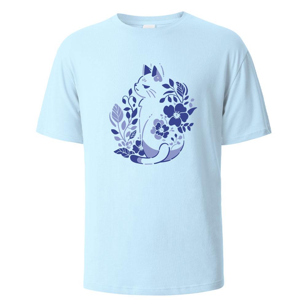 Mens Printed TShirt Blue And White Porcelain Cat Graphic 100Cotton Oneck Shortsleeved Tees For Men Women Summer Fashion Tops