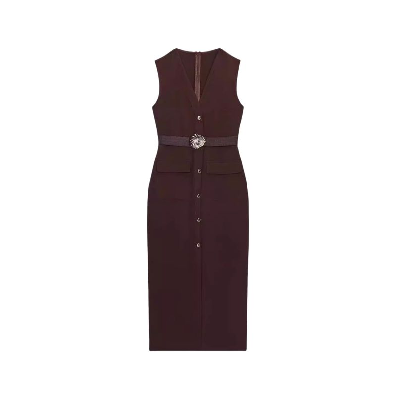 Summer New Product Women's Clothes Round Neck Sleeveless Fake Button Decoration with Belt Crepe Midi Skirt Dress 3897166