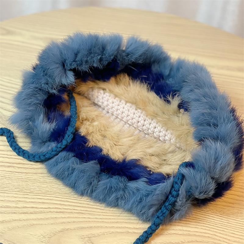 Women's Hand-Knitted Colorful Plush Rabbit Fur Bucket Hat Warm Winter Beanie with Multi-Color Autumn & Winter Fashion Accessory, Comfortable Knit Hat