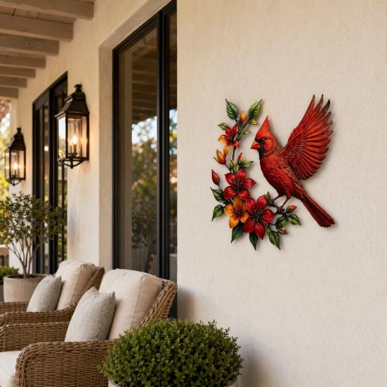 Metal Hummingbird Wall Art, Hand-painted Red Bird Wall Hanging, Rust & UV Resistant Weatherproof Decor, Indoor Outdoor Hanging Ornament for Garden
