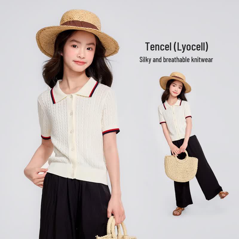 Girls  Tencel Color-block Cable Knit Short Sleeve Polo Shirt 130