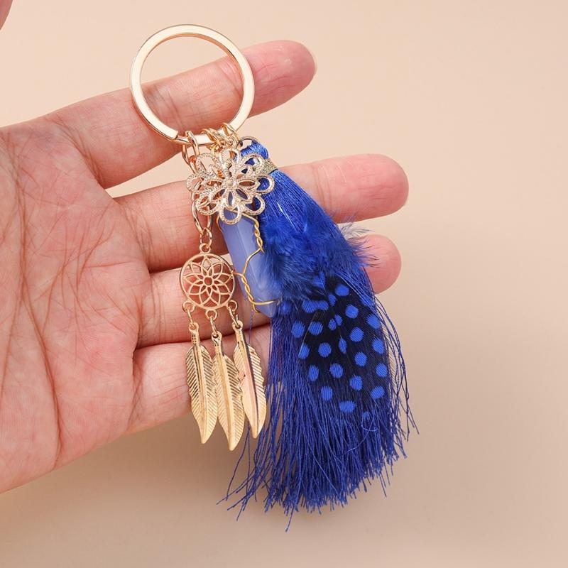 Hexagon Dreamcatcher Keychain Turquoise Key Ring Pendant Plush Feathers Tassels Handcrafted Jewelry Accessory For Women