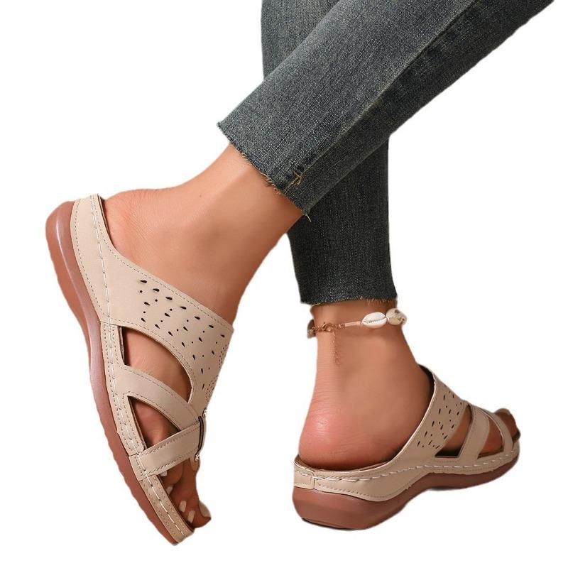 Large size slippers women's sewing line flat bottom solid color thick bottom home pedal open toe sandals women lipprs