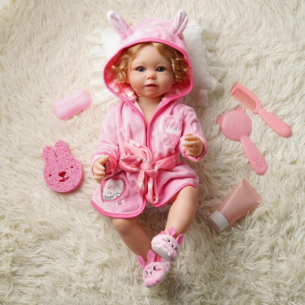 7 PCS Reborn Baby Doll Bathrobe Rabbit Pattern with Slippers and Bath Playset for 17-22 Inch Baby Doll Accessories with Mirror, Comb, Soap, and Bath
