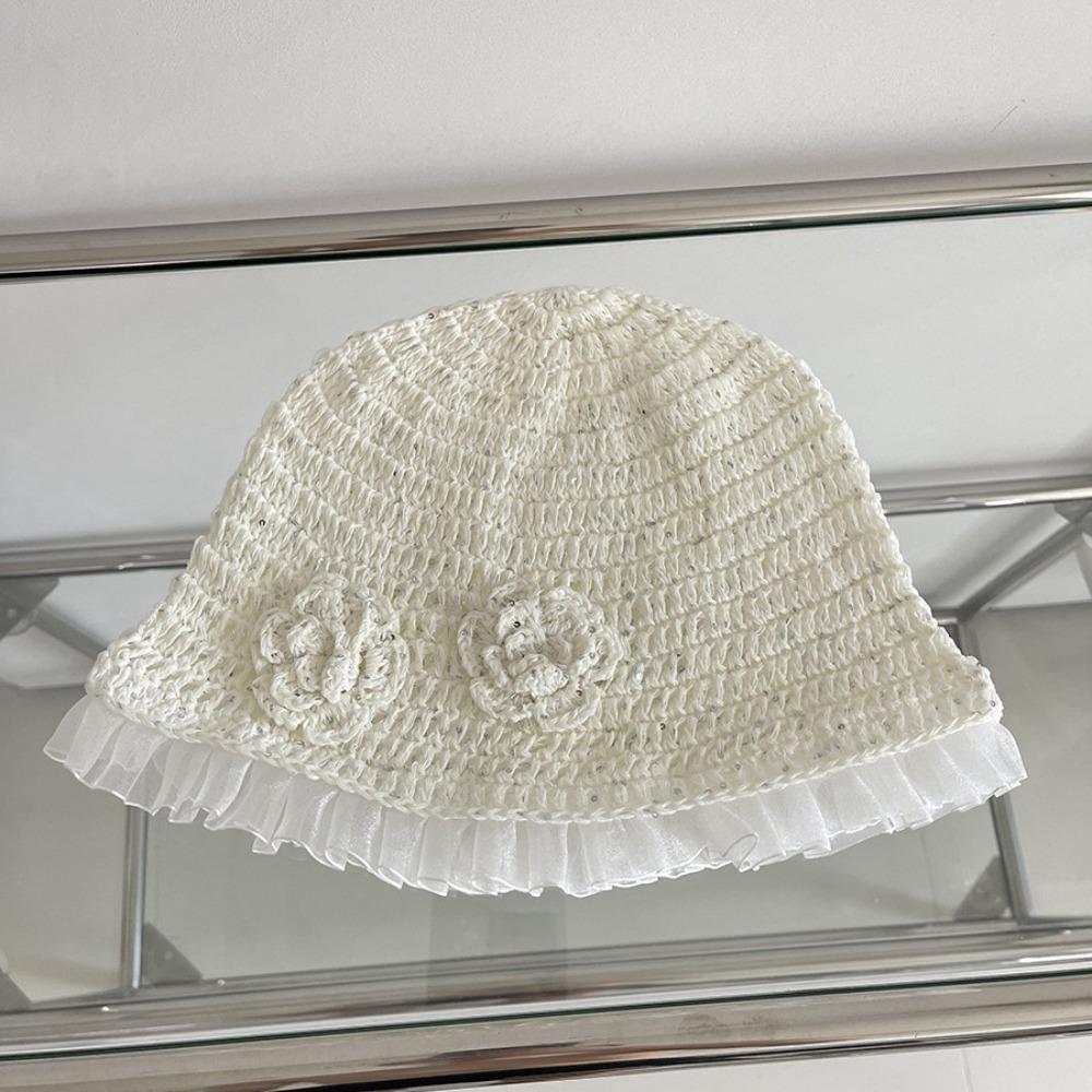 Hollow Out Lace Beanies Hat Glitter Sequin Knitted Hat Cute Crochet Flower Hat  Apparel Accessories
